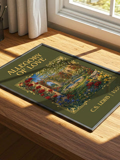 Allegory Of Love Classic Book Art Print by C.S. Lewis – print on a sunlit desk