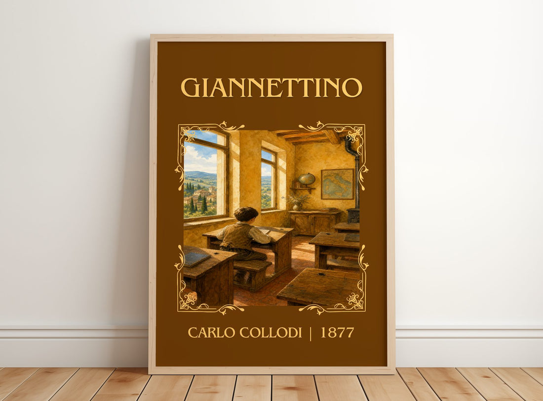 Giannettino Classic Book Art Print by Carlo Collodi – framed print leaning on a wooden floor