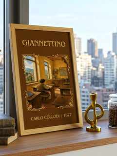 Giannettino Classic Book Art Print by Carlo Collodi – framed print on a city-view windowsill