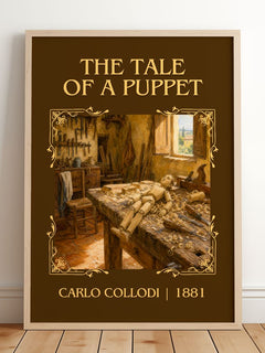 The Tale Of A Puppet Classic Book Art Print by Carlo Collodi – framed print leaning on a wooden floor