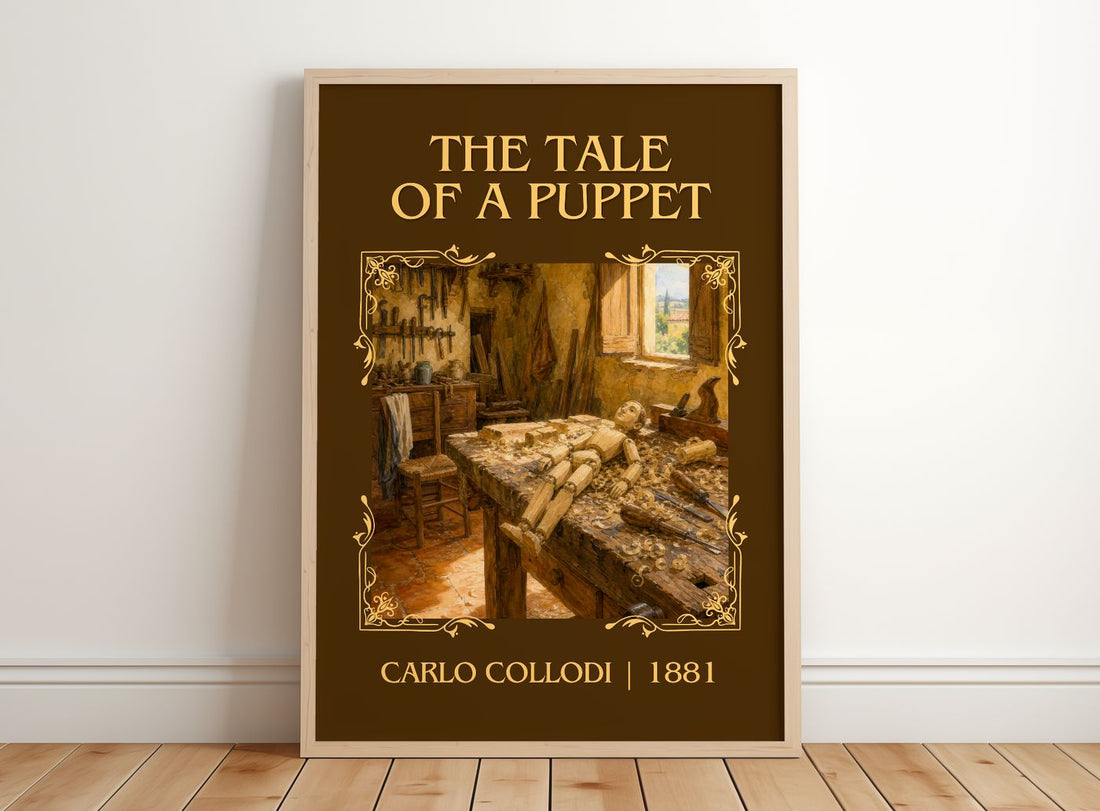 The Tale Of A Puppet Classic Book Art Print by Carlo Collodi – framed print leaning on a wooden floor