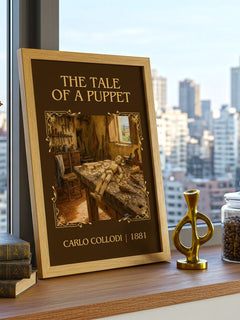 The Tale Of A Puppet Classic Book Art Print by Carlo Collodi – framed print on a city-view windowsill