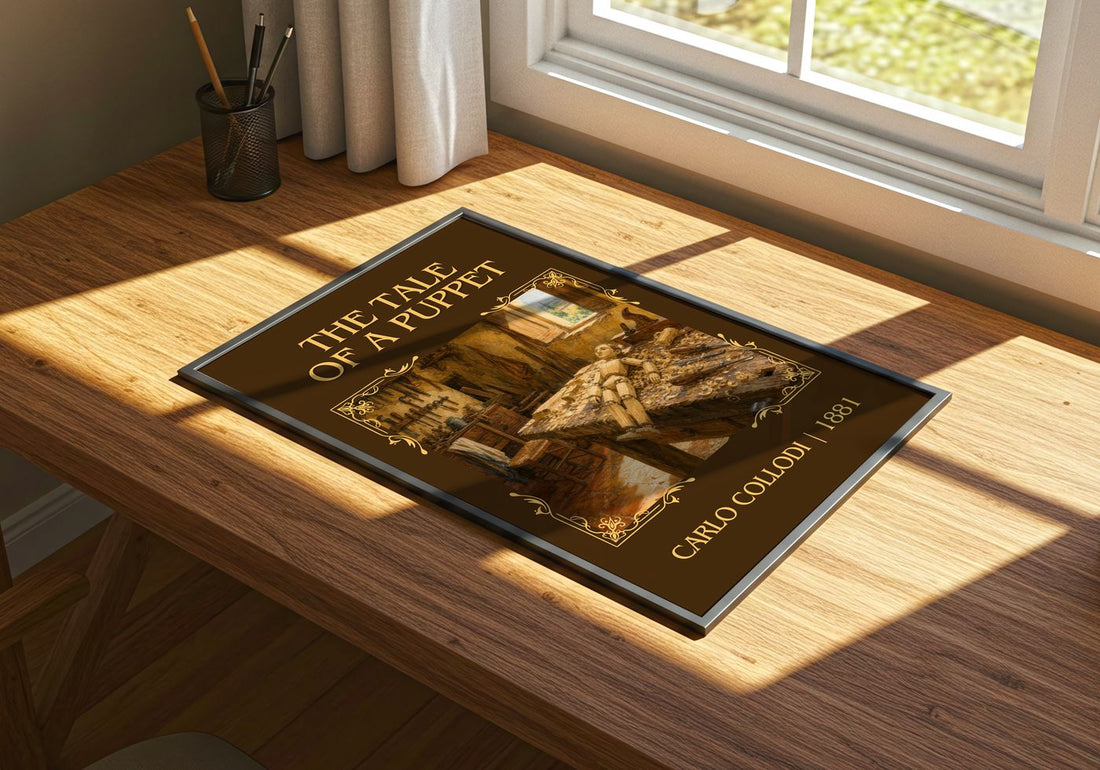 The Tale Of A Puppet Classic Book Art Print by Carlo Collodi – print on a sunlit desk