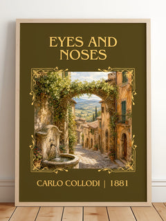 Eyes And Noses Classic Book Art Print by Carlo Collodi – framed print leaning on a wooden floor