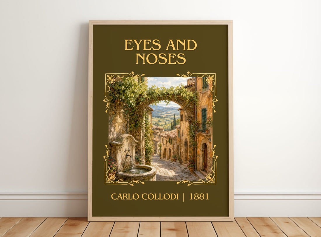 Eyes And Noses Classic Book Art Print by Carlo Collodi – framed print leaning on a wooden floor