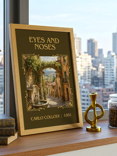 Eyes And Noses Classic Book Art Print by Carlo Collodi – framed print on a city-view windowsill