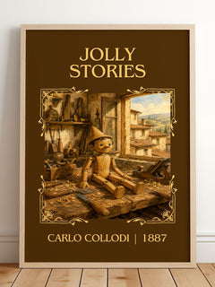 Jolly Stories Classic Book Art Print by Carlo Collodi – framed print leaning on a wooden floor