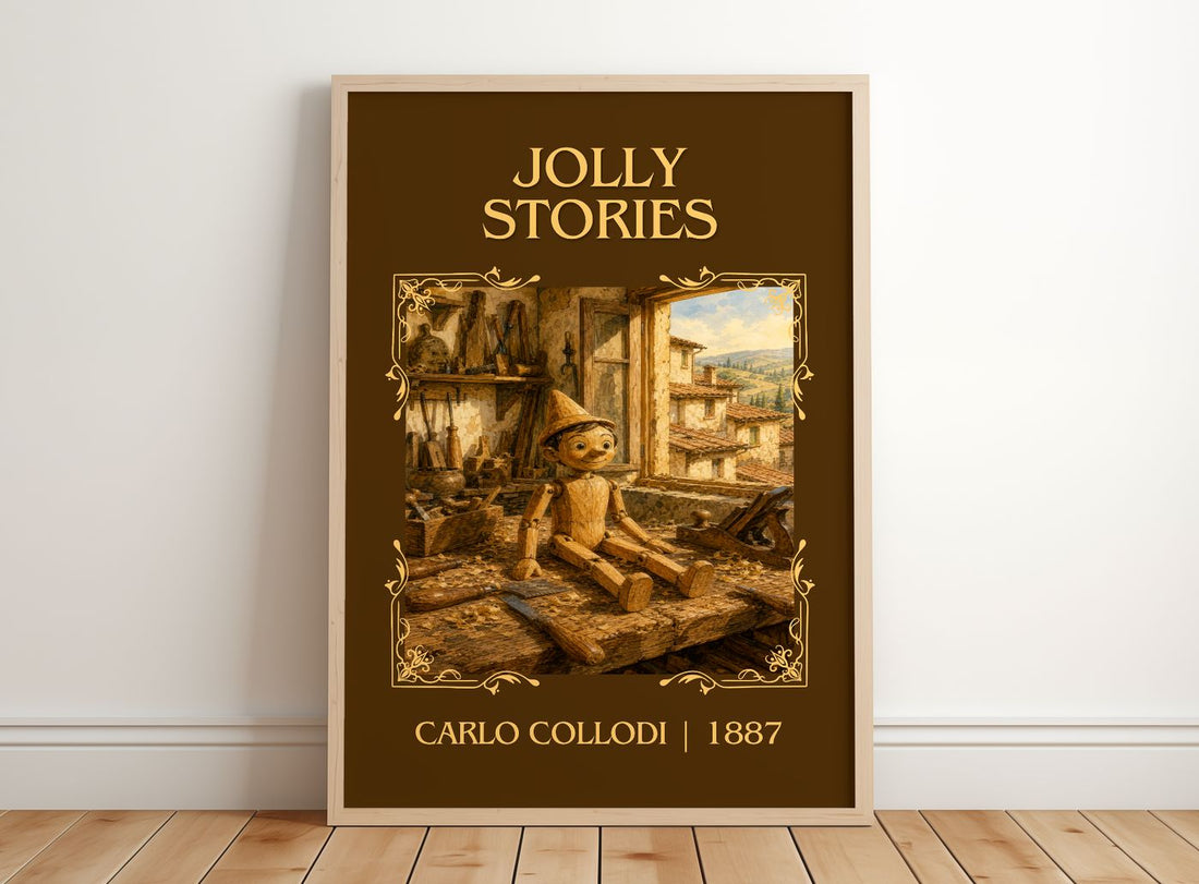 Jolly Stories Classic Book Art Print by Carlo Collodi – framed print leaning on a wooden floor