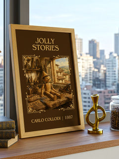 Jolly Stories Classic Book Art Print by Carlo Collodi – framed print on a city-view windowsill
