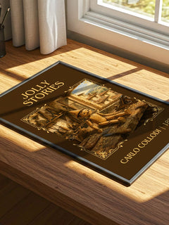 Jolly Stories Classic Book Art Print by Carlo Collodi – print on a sunlit desk