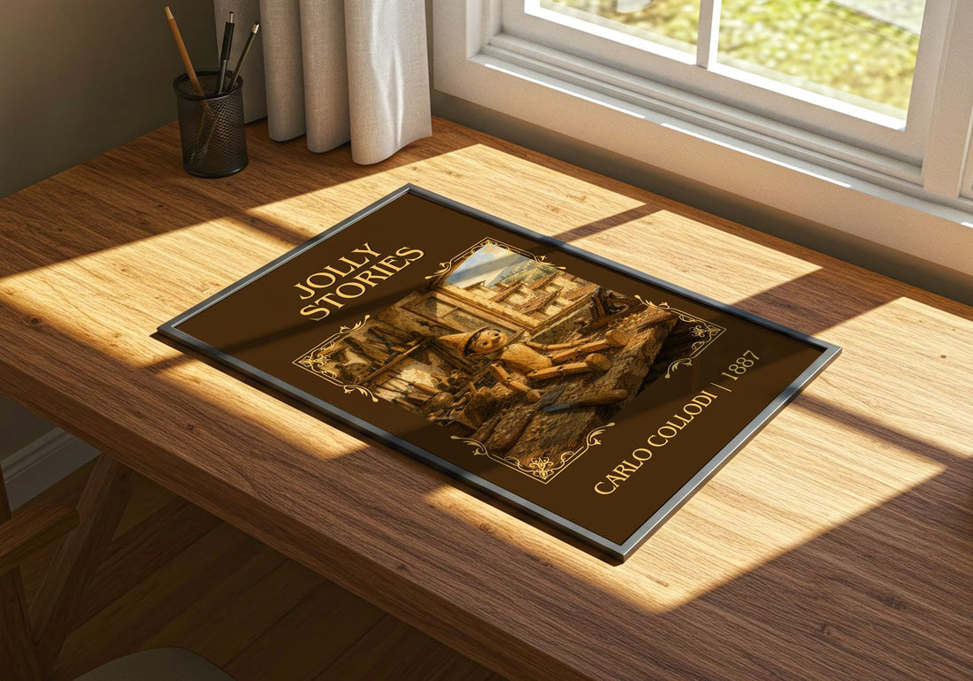 Jolly Stories Classic Book Art Print by Carlo Collodi – print on a sunlit desk