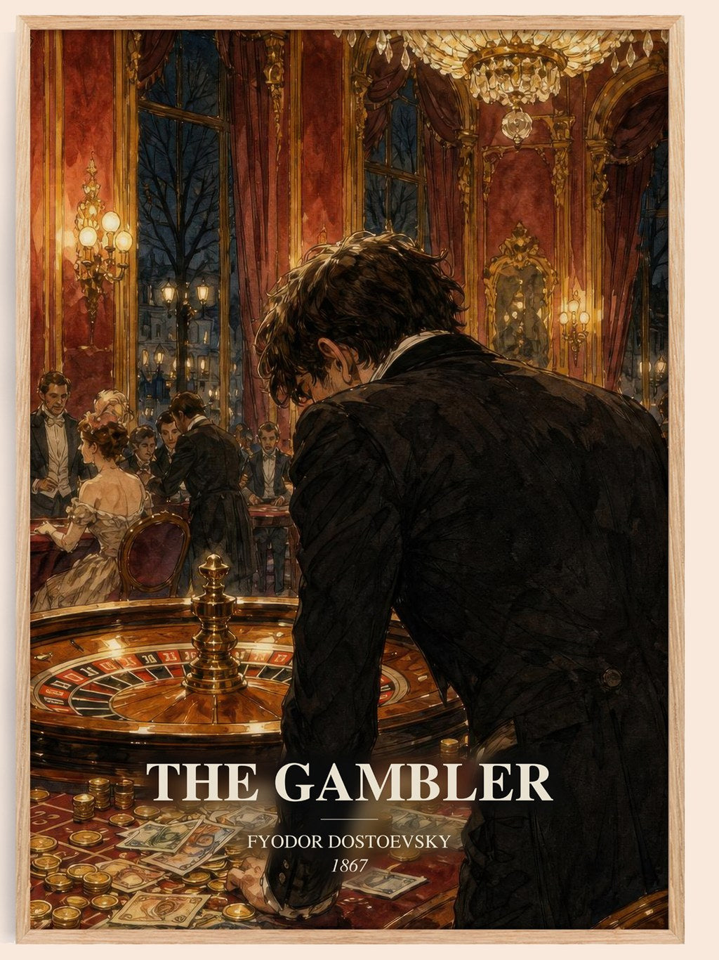 The Gambler watercolour book poster by Fyodor Dostoevsky – framed literary art print