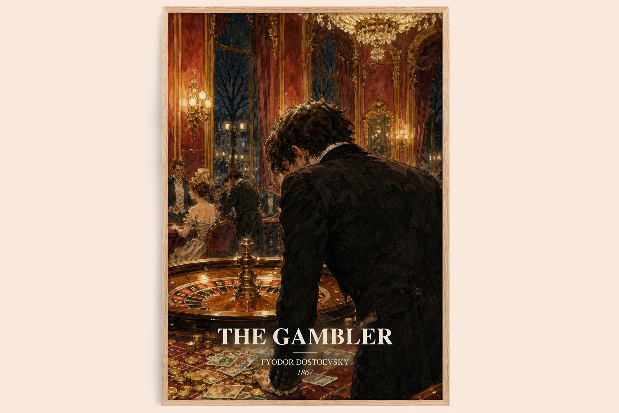 The Gambler watercolour book poster by Fyodor Dostoevsky – framed literary art print