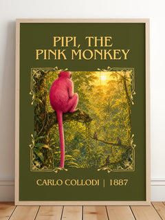 Pipi, The Pink Monkey Classic Book Art Print by Carlo Collodi – framed print leaning on a wooden floor