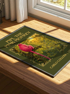 Pipi, The Pink Monkey Classic Book Art Print by Carlo Collodi – print on a sunlit desk