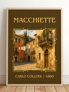 Macchiette Classic Book Art Print by Carlo Collodi – framed print leaning on a wooden floor