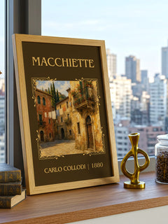 Macchiette Classic Book Art Print by Carlo Collodi – framed print on a city-view windowsill