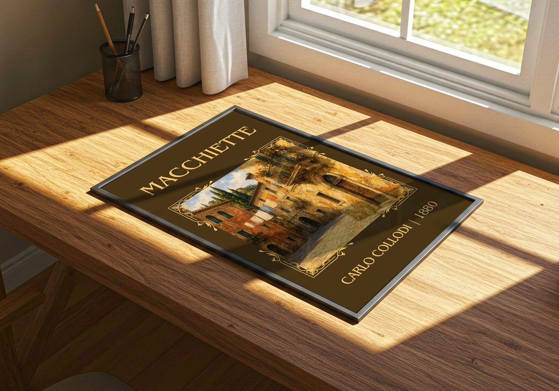 Macchiette Classic Book Art Print by Carlo Collodi – print on a sunlit desk