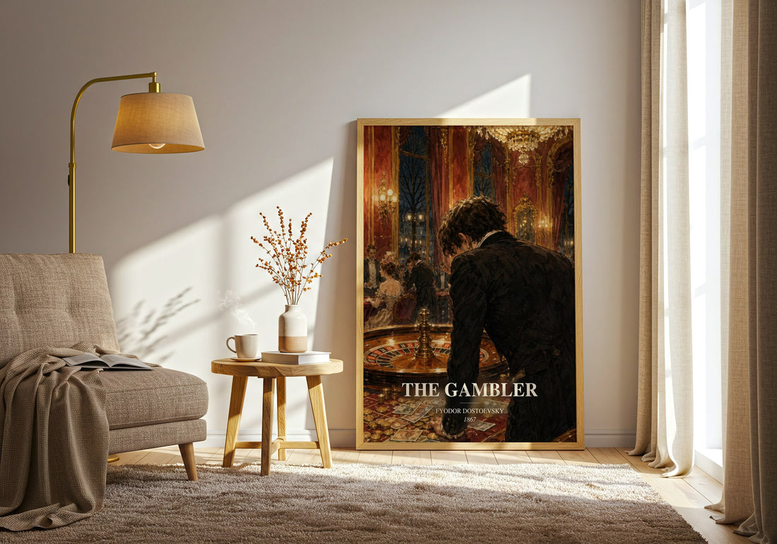 The Gambler watercolour print in frame leaning in hallway – classic literature wall art (mockup)