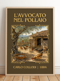 L'Avvocato Nel Pollaio Classic Book Art Print by Carlo Collodi – framed print leaning on a wooden floor