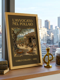 L'Avvocato Nel Pollaio Classic Book Art Print by Carlo Collodi – framed print on a city-view windowsill
