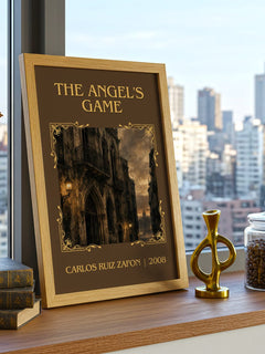 The Angel'S Game Classic Book Art Print by Carlos Ruiz Zafón – framed print on a city-view windowsill