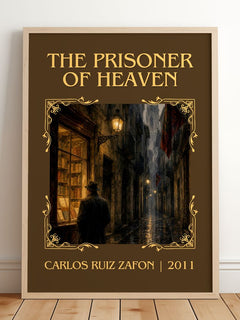 The Prisoner Of Heaven Classic Book Art Print by Carlos Ruiz Zafón – framed print leaning on a wooden floor