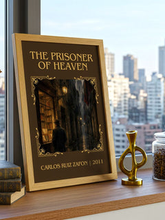 The Prisoner Of Heaven Classic Book Art Print by Carlos Ruiz Zafón – framed print on a city-view windowsill