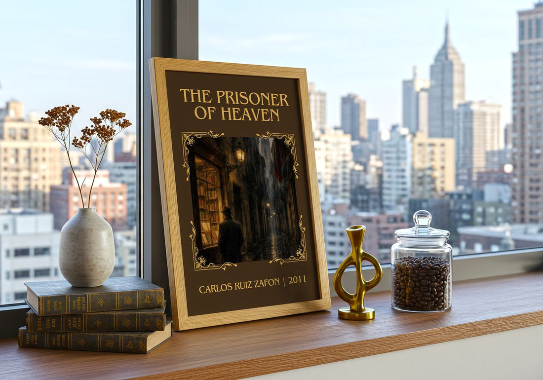 The Prisoner Of Heaven Classic Book Art Print by Carlos Ruiz Zafón – framed print on a city-view windowsill