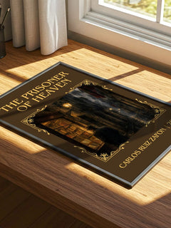 The Prisoner Of Heaven Classic Book Art Print by Carlos Ruiz Zafón – print on a sunlit desk