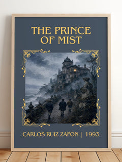 The Prince Of Mist Classic Book Art Print by Carlos Ruiz Zafón – framed print leaning on a wooden floor