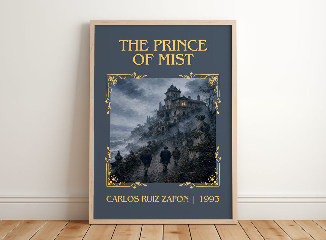 The Prince Of Mist Classic Book Art Print by Carlos Ruiz Zafón – framed print leaning on a wooden floor
