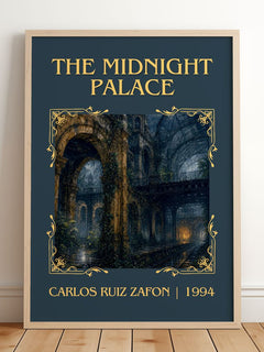 The Midnight Palace Classic Book Art Print by Carlos Ruiz Zafón – framed print leaning on a wooden floor