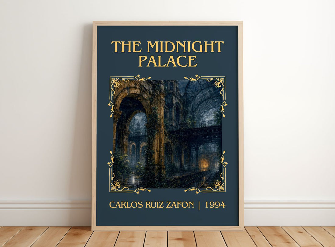 The Midnight Palace Classic Book Art Print by Carlos Ruiz Zafón – framed print leaning on a wooden floor