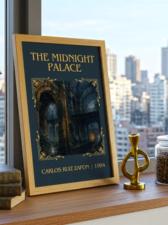The Midnight Palace Classic Book Art Print by Carlos Ruiz Zafón – framed print on a city-view windowsill