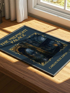 The Midnight Palace Classic Book Art Print by Carlos Ruiz Zafón – print on a sunlit desk