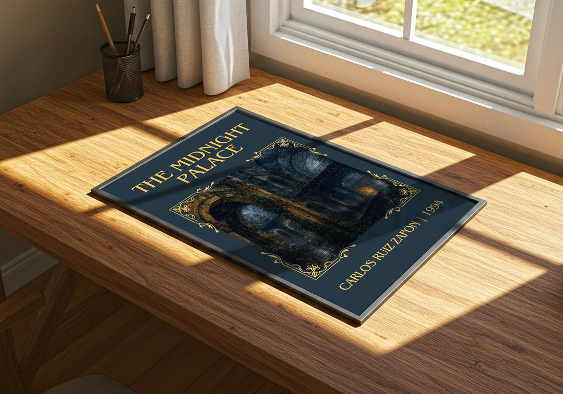 The Midnight Palace Classic Book Art Print by Carlos Ruiz Zafón – print on a sunlit desk