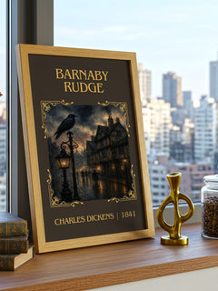 Barnaby Rudge Classic Book Art Print by Charles Dickens – framed print on a city-view windowsill