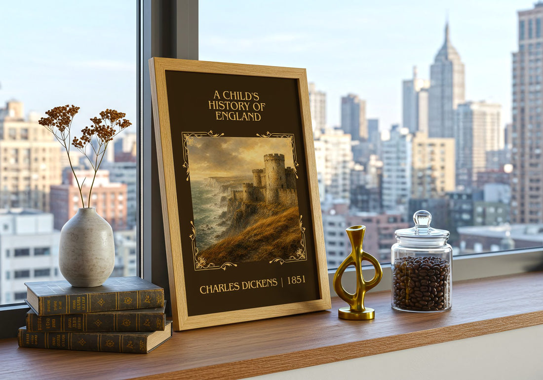 A Child'S History Of England Classic Book Art Print by Charles Dickens – framed print on a city-view windowsill