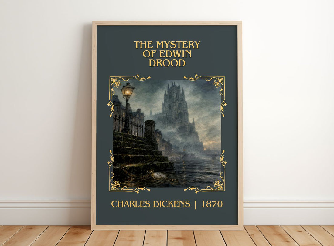 The Mystery Of Edwin Drood Classic Book Art Print by Charles Dickens – framed print leaning on a wooden floor