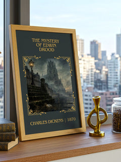 The Mystery Of Edwin Drood Classic Book Art Print by Charles Dickens – framed print on a city-view windowsill
