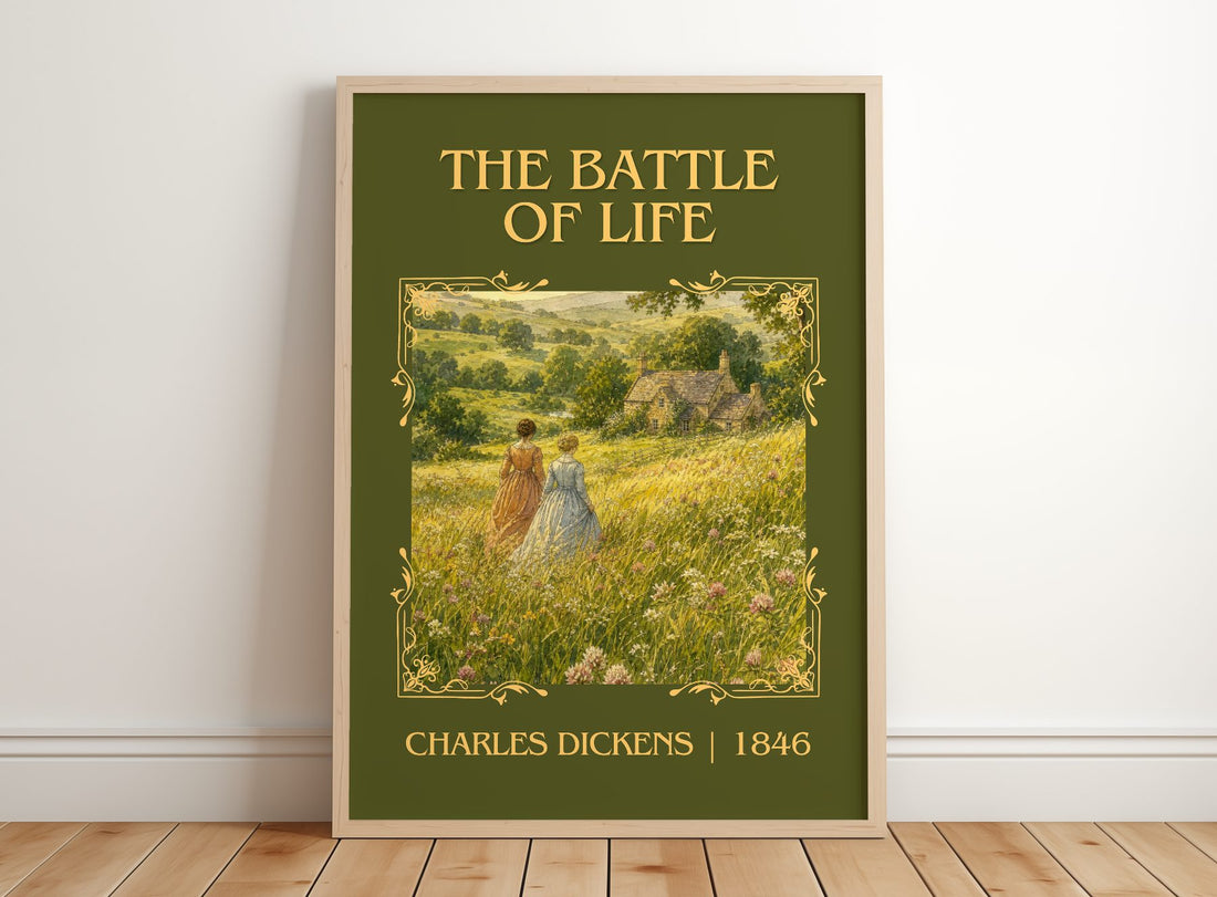 The Battle Of Life Classic Book Art Print by Charles Dickens – framed print leaning on a wooden floor