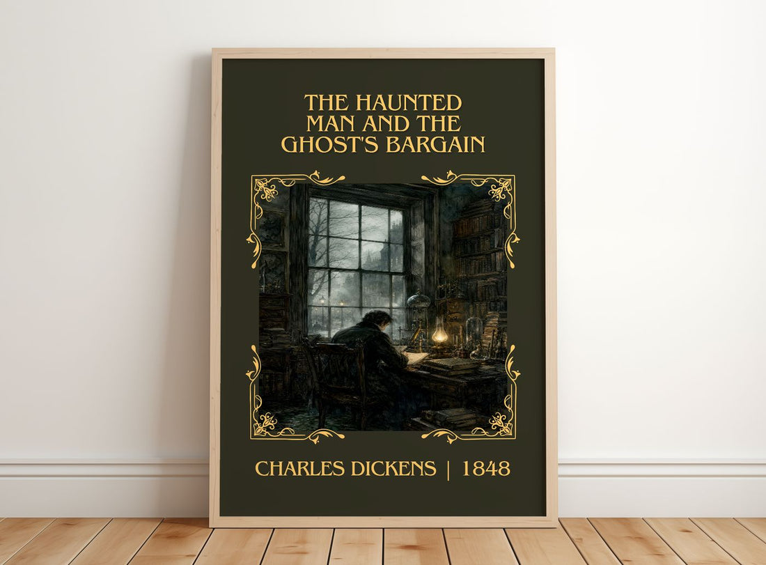 Haunted Man And The Ghost'S Bargain Classic Book Art Print – framed print leaning on a wooden floor