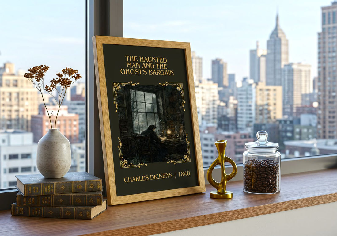 Haunted Man And The Ghost'S Bargain Classic Book Art Print – framed print on a city-view windowsill