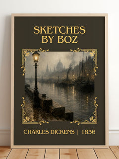 Sketches By Boz Classic Book Art Print by Charles Dickens – framed print leaning on a wooden floor