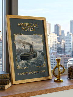 American Notes Classic Book Art Print by Charles Dickens – framed print on a city-view windowsill