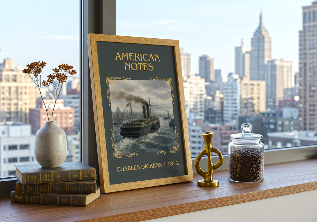 American Notes Classic Book Art Print by Charles Dickens – framed print on a city-view windowsill