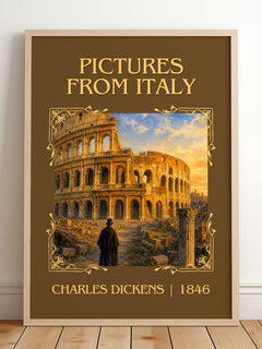 Pictures From Italy Classic Book Art Print by Charles Dickens – framed print leaning on a wooden floor