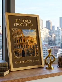 Pictures From Italy Classic Book Art Print by Charles Dickens – framed print on a city-view windowsill