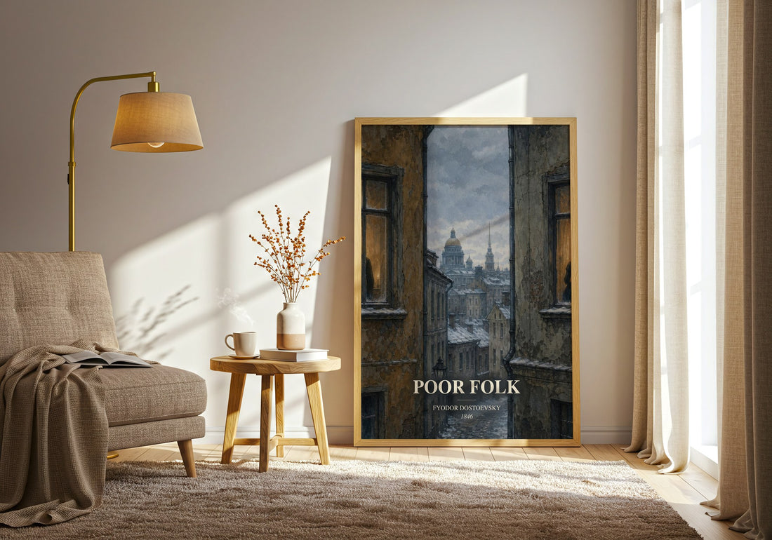 Poor Folk watercolour print in frame leaning in hallway – classic literature wall art (mockup)